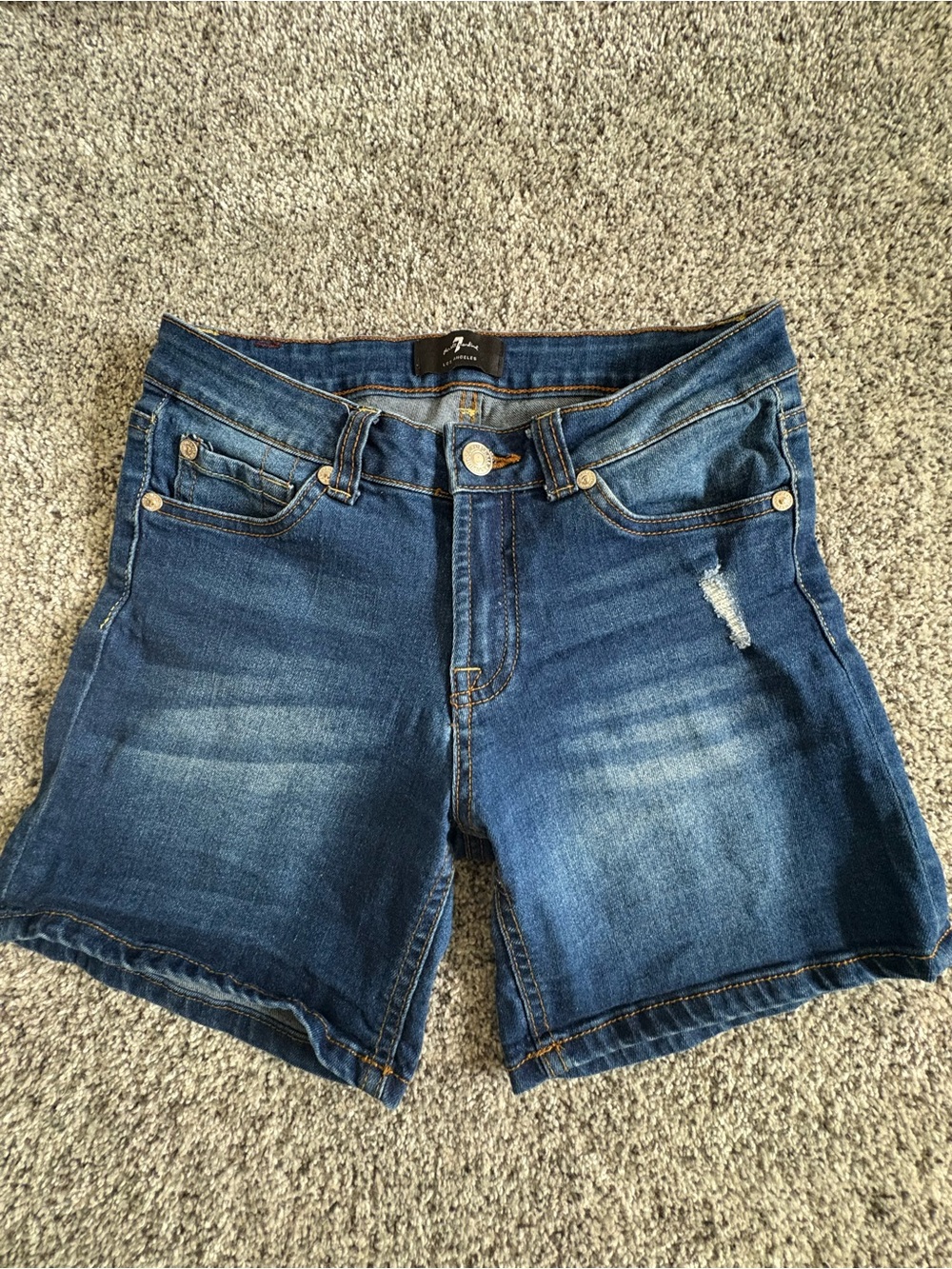 7 For All Mankind Blue Distressed Denim Shorts